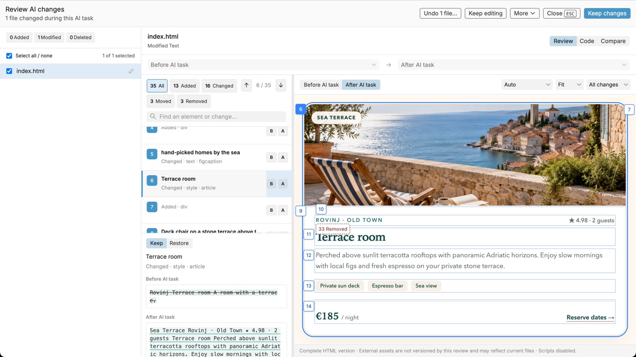 The Review AI changes window listing each changed element with before and after views and Keep and Restore buttons